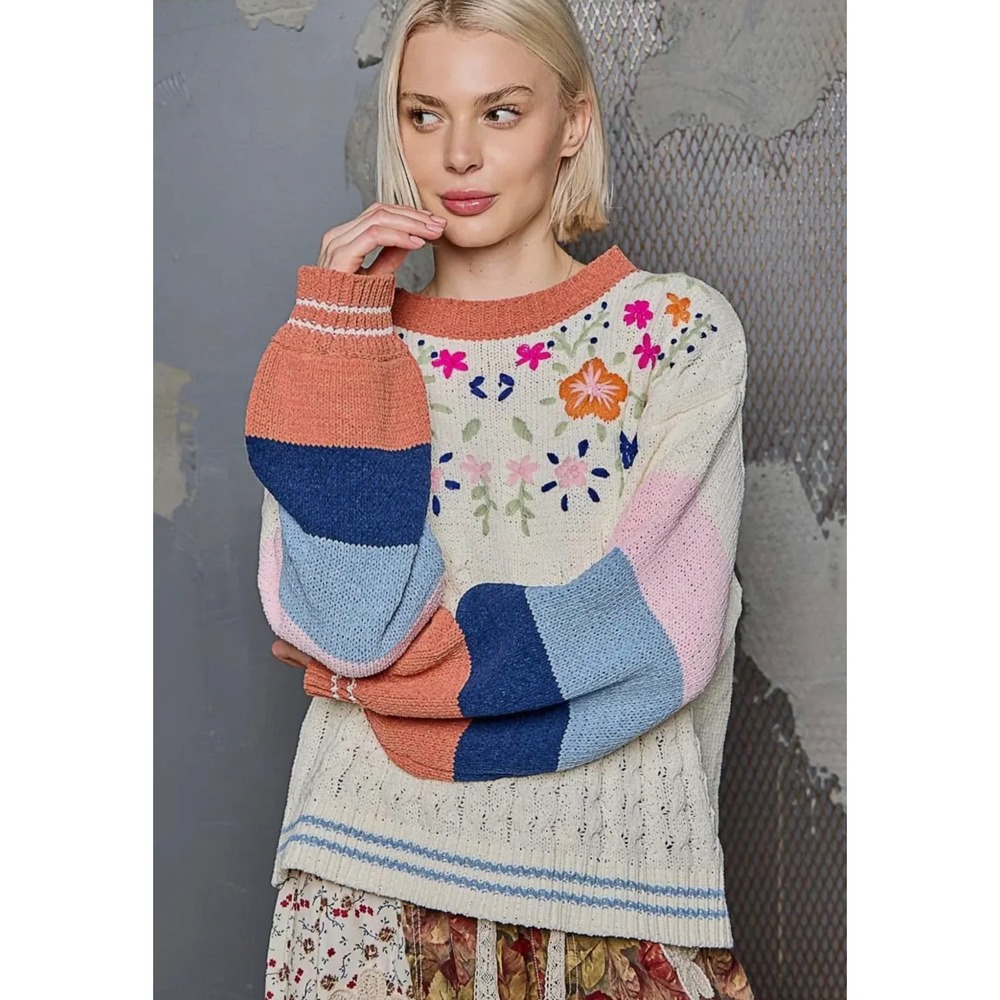 POL Floral Embroidered Cable Knit Sweater Cream Multi Large Maximalist Boho
